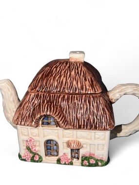 Whimsical Thatched Cottage Ceramic Teapot - Brown & Cream
